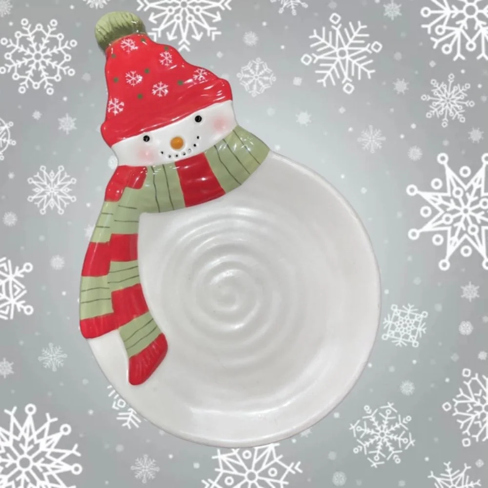 Hallmark Christmas Snowman Candy Dish Wearing a Green and Red Scarf & Hat